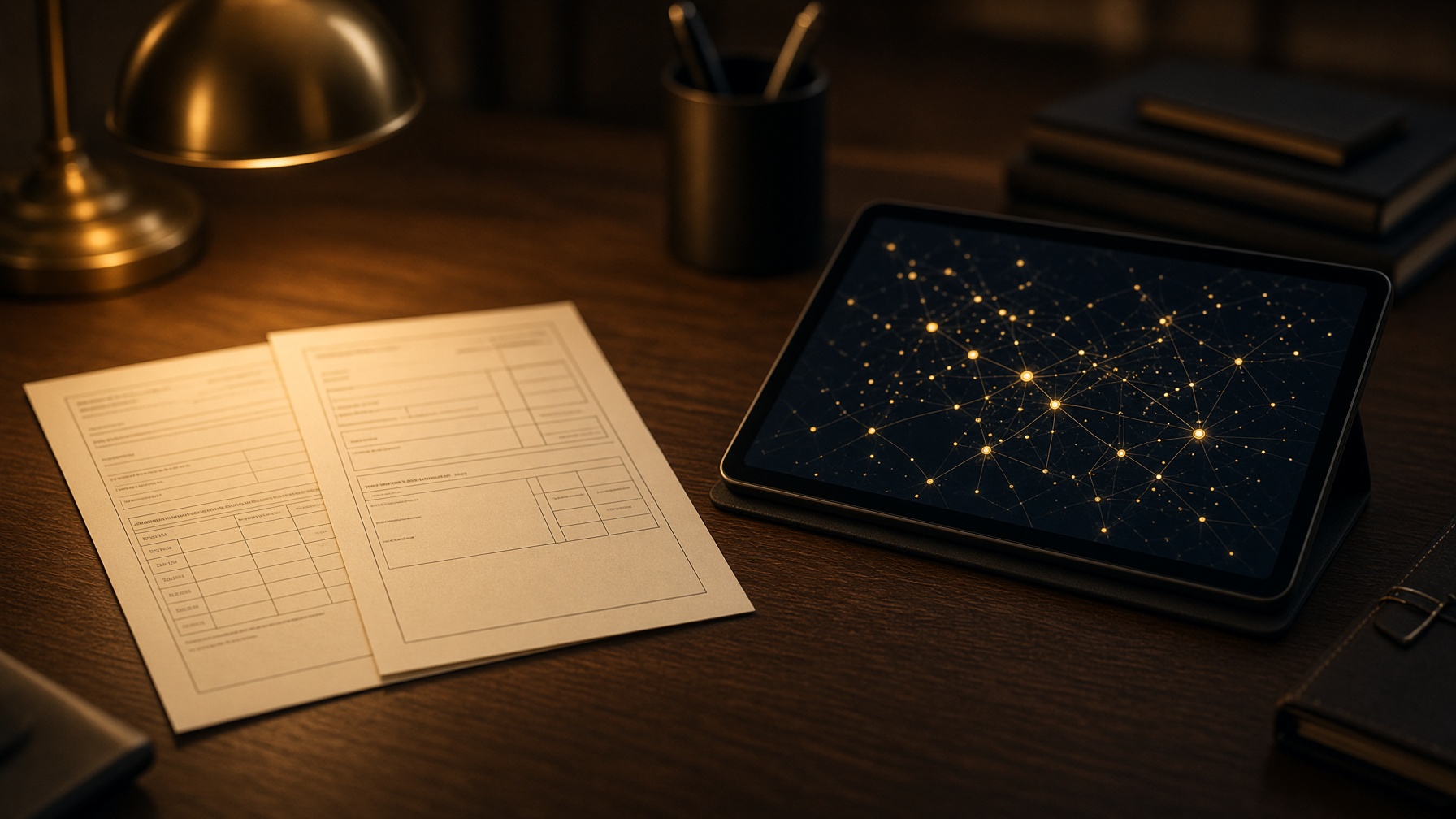 Trade desk with a paper manifest beside a route map on a tablet